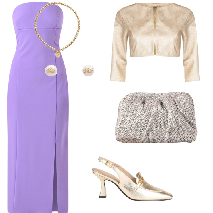 Outfit donna - Potere lilla. per Cerimonia. Abbinamento con décolleté, orecchini, bolero, vestiti midi/longuette, clutch, collane.