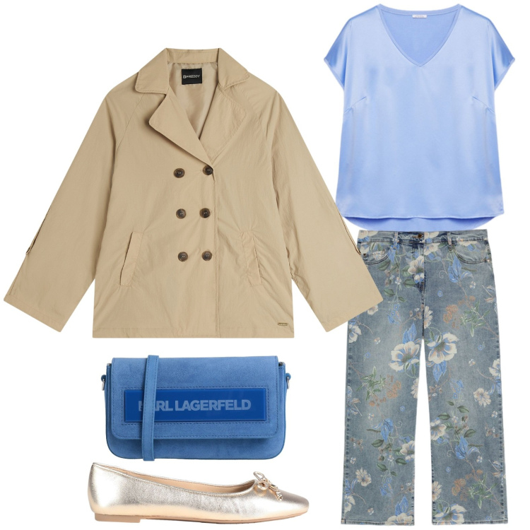 Outfit donna - Jeans floreali. Stile Casual per Ufficio. Abbinamento con ballerine, borse a tracolla, trench, t-shirt, jeans dritti.