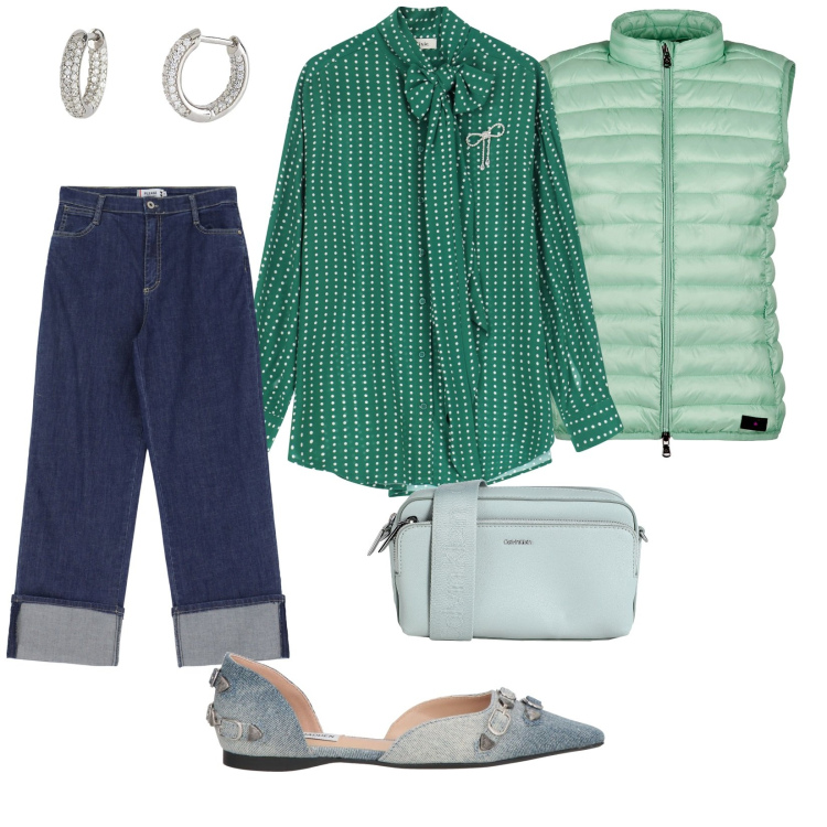 Outfit donna - Potere verde menta. per Tutti i giorni. Abbinamento con borse a tracolla, ballerine, orecchini, jeans, camicie, piumini.
