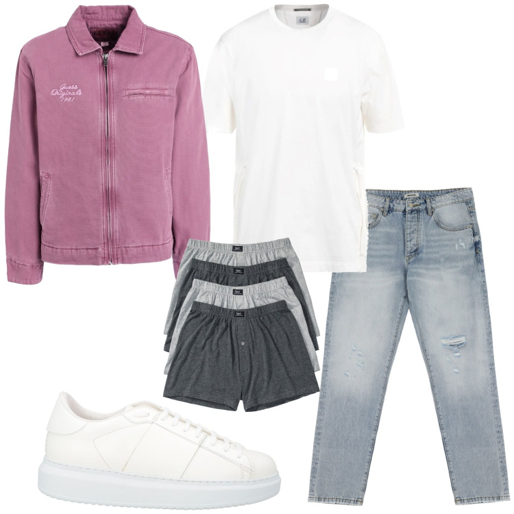 Outfit uomo - Sportivo glam. Stile Urban per Tutti i giorni. Abbinamento con boxer, giacche, sneakers, t-shirt, jeans strappati.