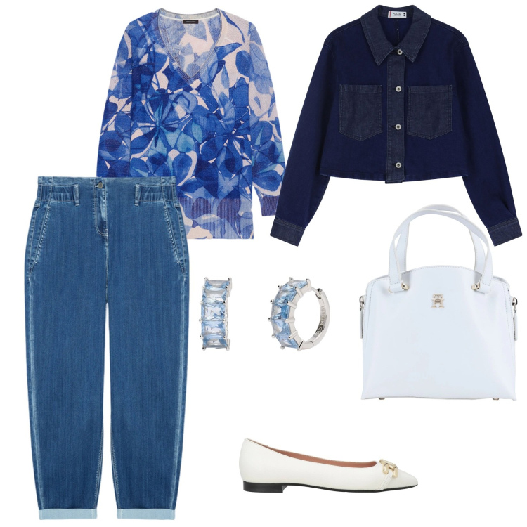 Outfit donna - Potere azzurro. per Scuola/Università. Abbinamento con borse a mano, ballerine, orecchini, blazer, jeans, maglieria.