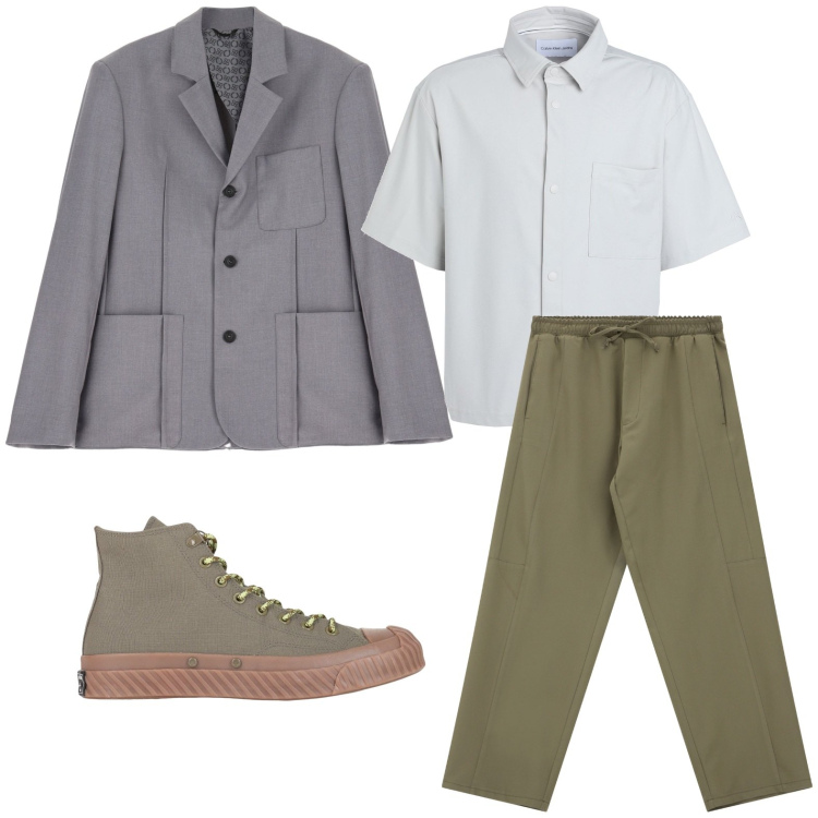 Outfit uomo - Sabato casual. Stile Trendy per Tutti i giorni. Abbinamento con sneakers alte, camicie a manica corta, pantaloni cargo, giacche.