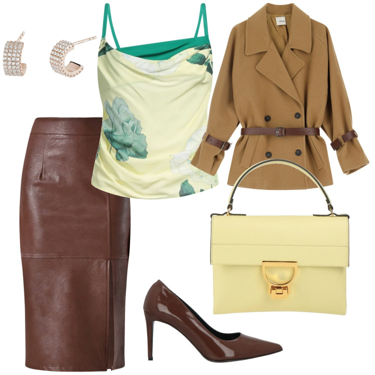 Outfit donna - Potere giallo. per Ufficio. Abbinamento con décolleté, borse a mano, top, blazer, orecchini, gonne longuette.