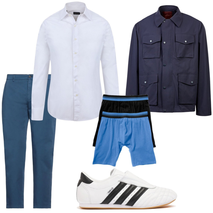Outfit uomo - Volare nel blu. Stile Casual per Tutti i giorni. Abbinamento con boxer, pantaloni, giacche, camicie, sneakers.