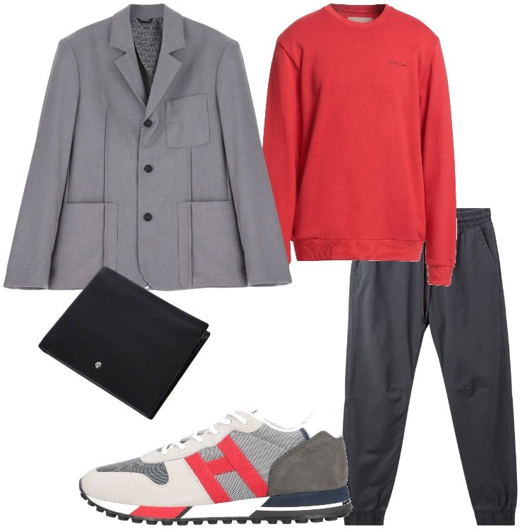 Outfit uomo - Influenza sportiva nell\'abbigliamento. Stile Trendy per Serata speciale. Abbinamento con sneakers, felpe, pantaloni sportivi, portafogli, giacche.