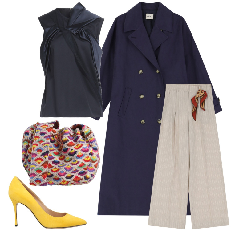 Outfit donna - Borsa Cloe multicolore. Stile Chic per Tutti i giorni. Abbinamento con top, décolleté, borse a spalla, trench, pantaloni a palazzo.