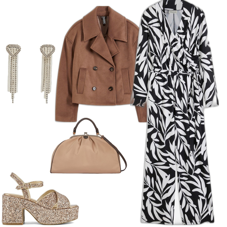 Outfit donna - Zeppa a brillantini. Stile Casual chic per Serata fuori. Abbinamento con tute, caban, sandali, orecchini, borse a spalla.