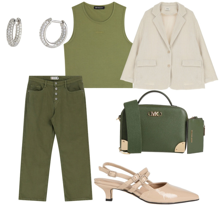 Outfit donna - Primavera. per Tutti i giorni. Abbinamento con décolleté, borse a tracolla, orecchini, pantaloni, top, blazer.