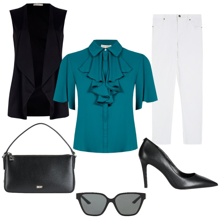 Outfit donna - Blusa. Stile Bon Ton per Serata fuori. Abbinamento con décolleté, borse a mano, occhiali da sole, bluse, gilet, pantaloni skinny.