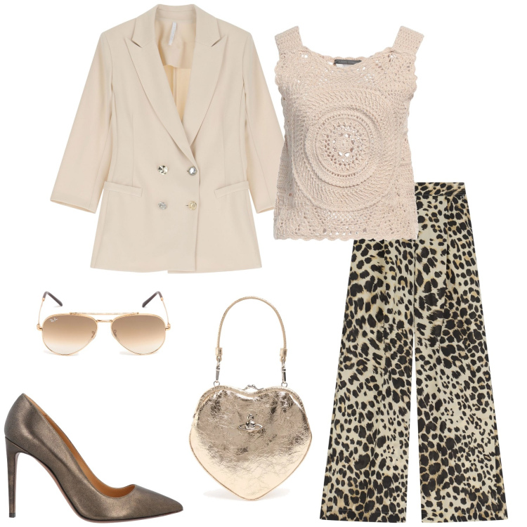 Outfit donna - Cuore di panna. Stile Casual chic per Serata fuori. Abbinamento con décolleté, top, blazer, pantaloni a palazzo, occhiali da sole, pochette.