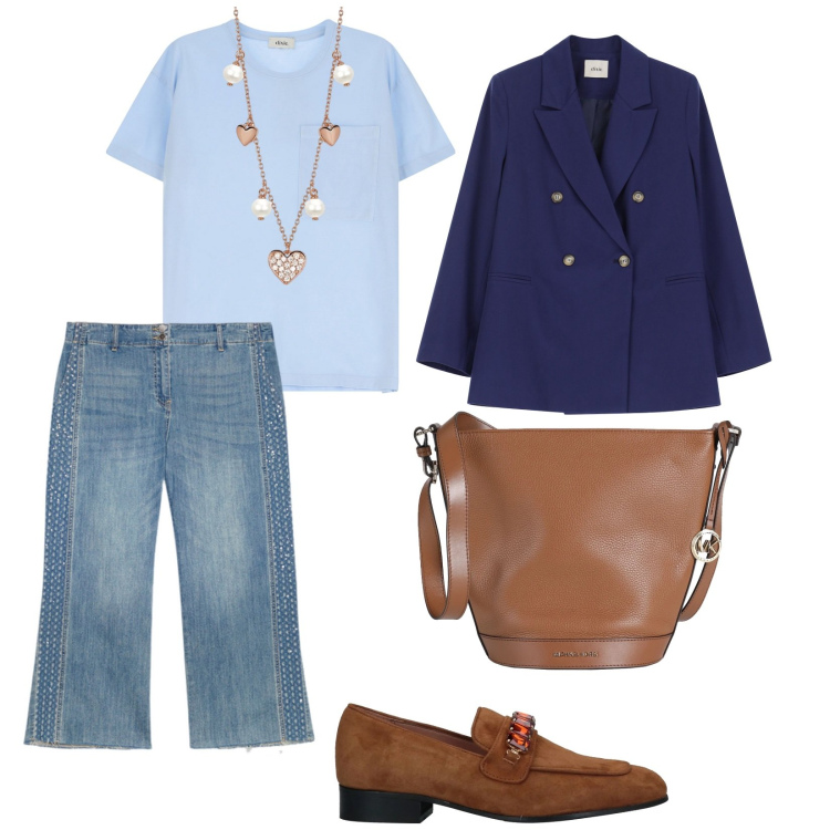 Outfit donna - Primavera in jeans. per Tutti i giorni. Abbinamento con borse a spalla, mocassini, collane, blazer, t-shirt, jeans strappati.