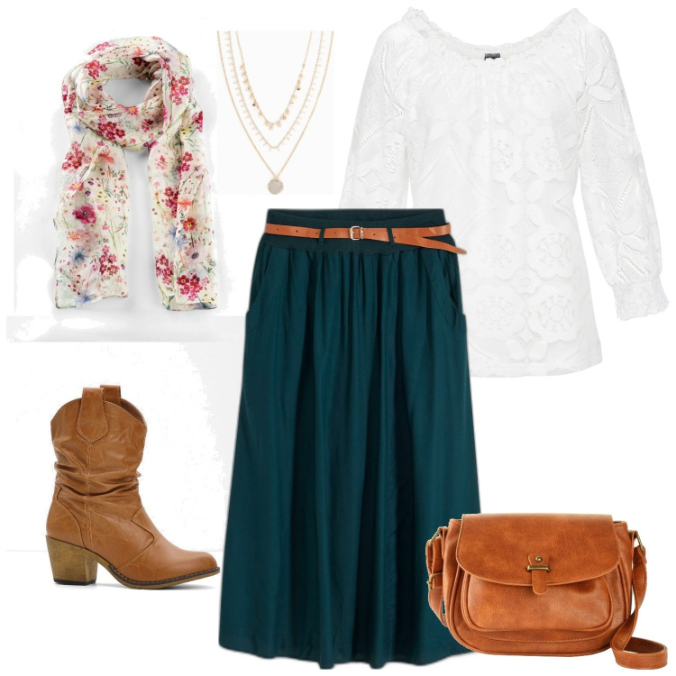 Outfit donna - Romantic spring. Stile Romantica per Tutti i giorni. Abbinamento con maglieria, gonne lunghe, foulard, borse a tracolla, stivaletti texani, collane.