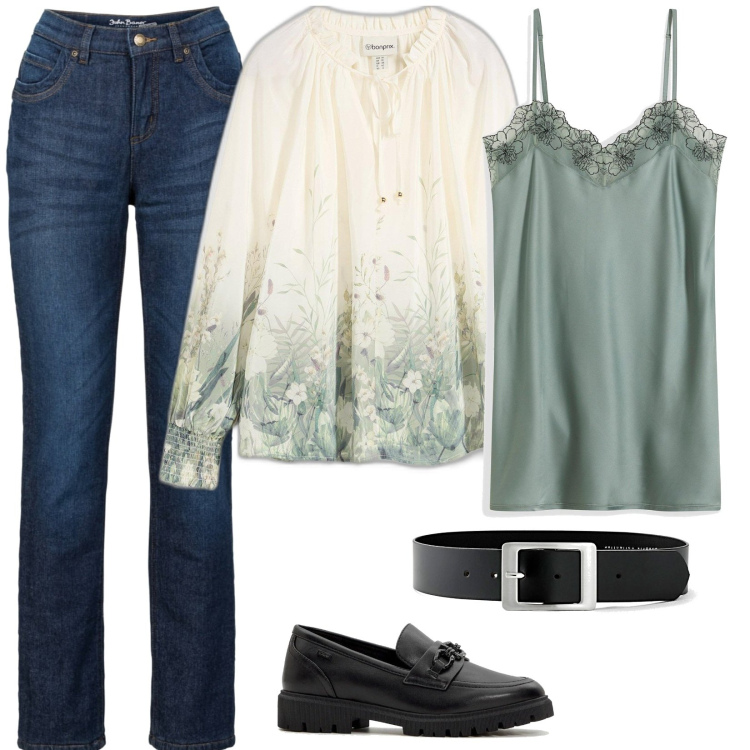 Outfit donna - Total look #2074163. per Tutti i giorni. Abbinamento con bluse, cinture, sottovesti, jeans dritti, mocassini.