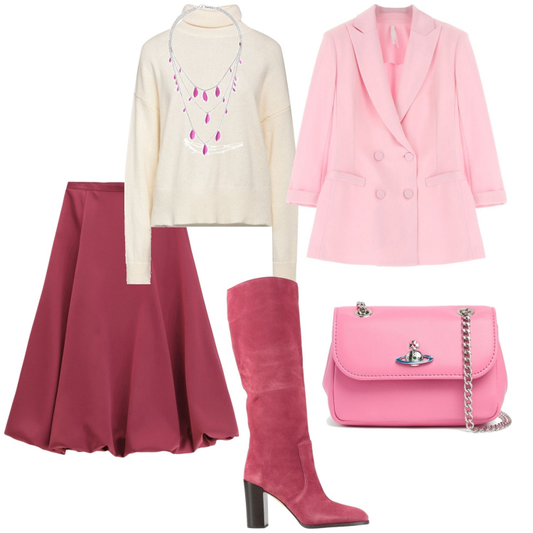 Outfit donna - E rosa sia. per Cerimonia. Abbinamento con stivali, maglieria, gonne longuette, blazer, borse a spalla, collane.