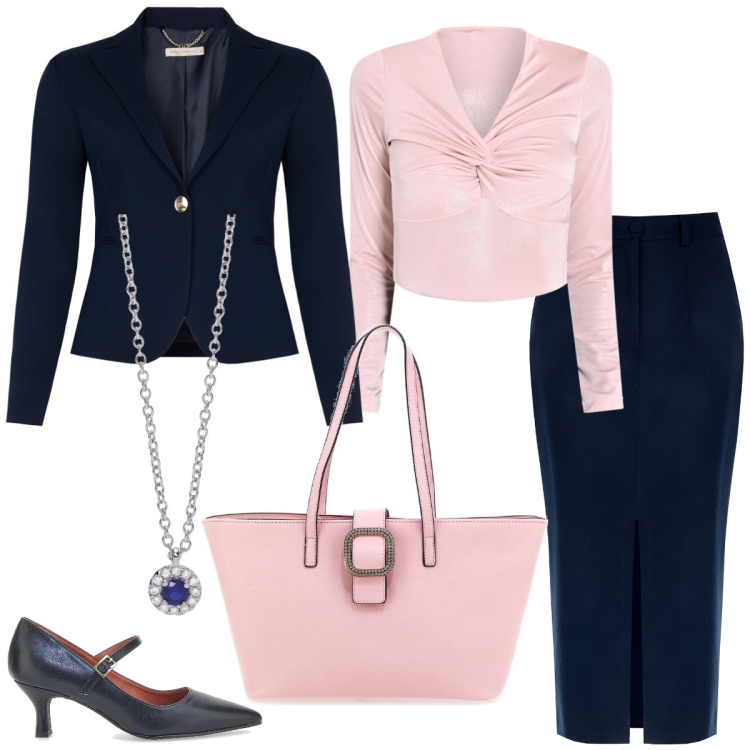 Outfit donna - Total look #2074166. Stile Chic per Ufficio. Abbinamento con collane, gonne longuette, blazer, bluse, décolleté, borse a spalla.