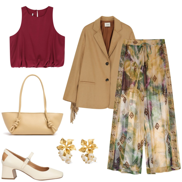 Outfit donna - Fantasia di beige. Stile Casual chic per Tutti i giorni. Abbinamento con décolleté, top, pantaloni a palazzo, blazer, orecchini, borse a spalla.