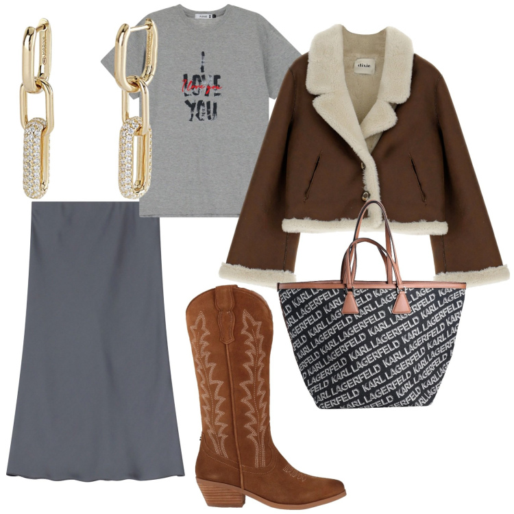 Outfit donna - Primavera pazzerella. per Tutti i giorni. Abbinamento con borse a mano, stivali, orecchini, t-shirt, gonne, blazer.
