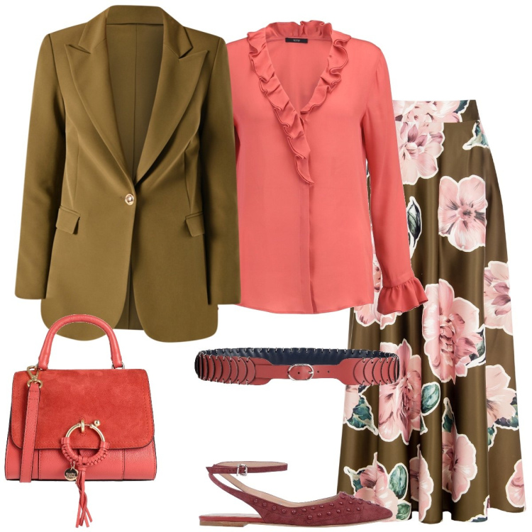 Outfit donna - Total look #2074169. Stile Romantica per Tutti i giorni. Abbinamento con ballerine, camicie, borse a mano, cinture, gonne, blazer.