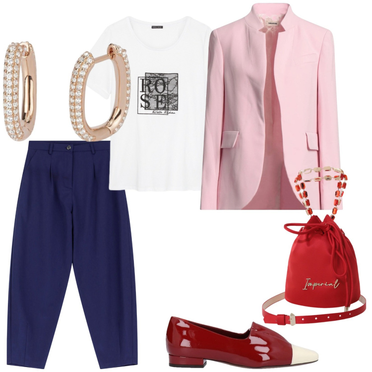 Outfit donna - Rosa e rosso. per Tutti i giorni. Abbinamento con blazer, mocassini, t-shirt, orecchini, borse a secchiello, pantaloni.
