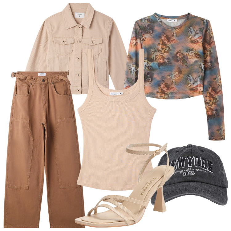 Outfit donna - Total look #2074171. Stile Casual chic per Tutti i giorni. Abbinamento con pantaloni, cappelli, t-shirt, canottiere, blazer, sandali col tacco.