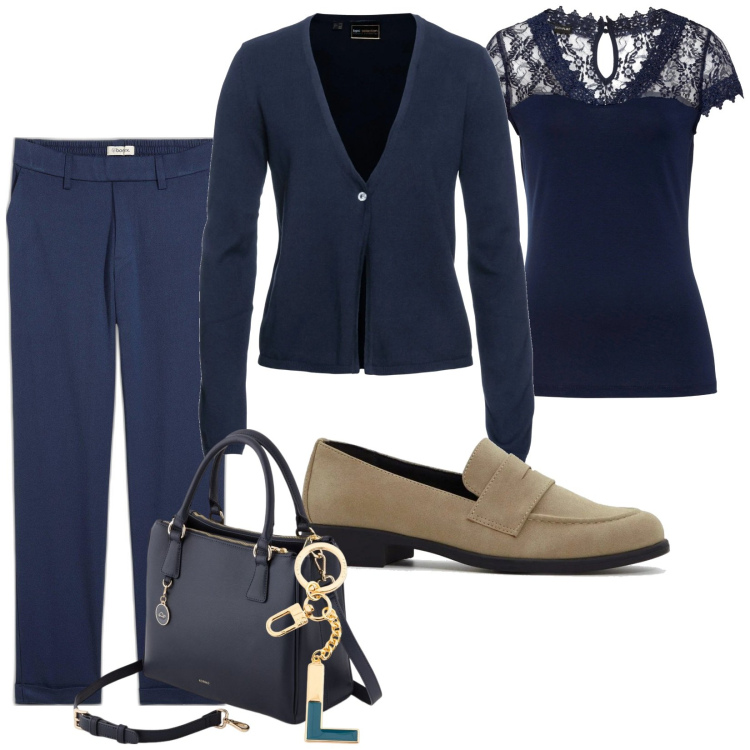 Outfit donna - Total look #2074173. Stile Casual per Tutti i giorni. Abbinamento con cardigans, pantaloni chino, maglieria, mocassini, borse a mano, portachiavi.
