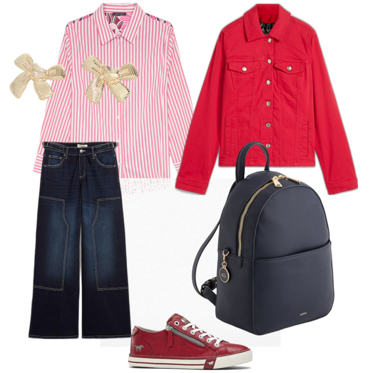 Outfit donna - Una piccola gita. per Mare. Abbinamento con blazer, sneakers, jeans, orecchini, zaini, camicie.