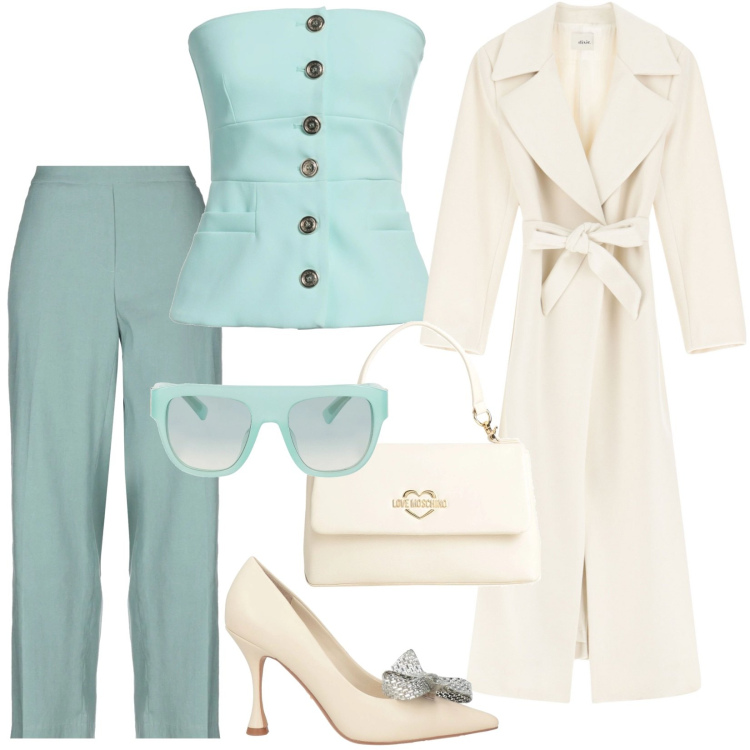 Outfit donna - Verde acqua e avorio. Stile Chic per Cerimonia. Abbinamento con pantaloni, décolleté, top, occhiali da sole, borse a mano, cappotti.