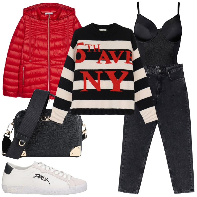 Outfit donna - Total look #2074179. Stile Casual per Tutti i giorni. Abbinamento con body, borse a tracolla, sneakers, jeans, maglieria, piumini.
