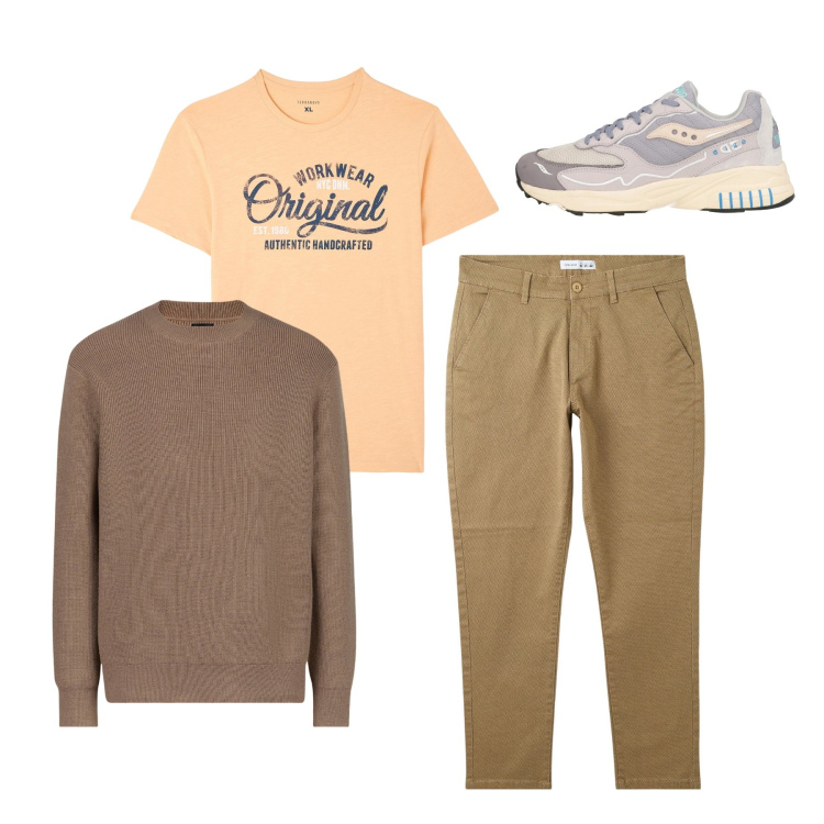 Outfit uomo - Marzo. Stile Casual per Tutti i giorni. Abbinamento con sneakers, t-shirt, pantaloni chino, maglieria.