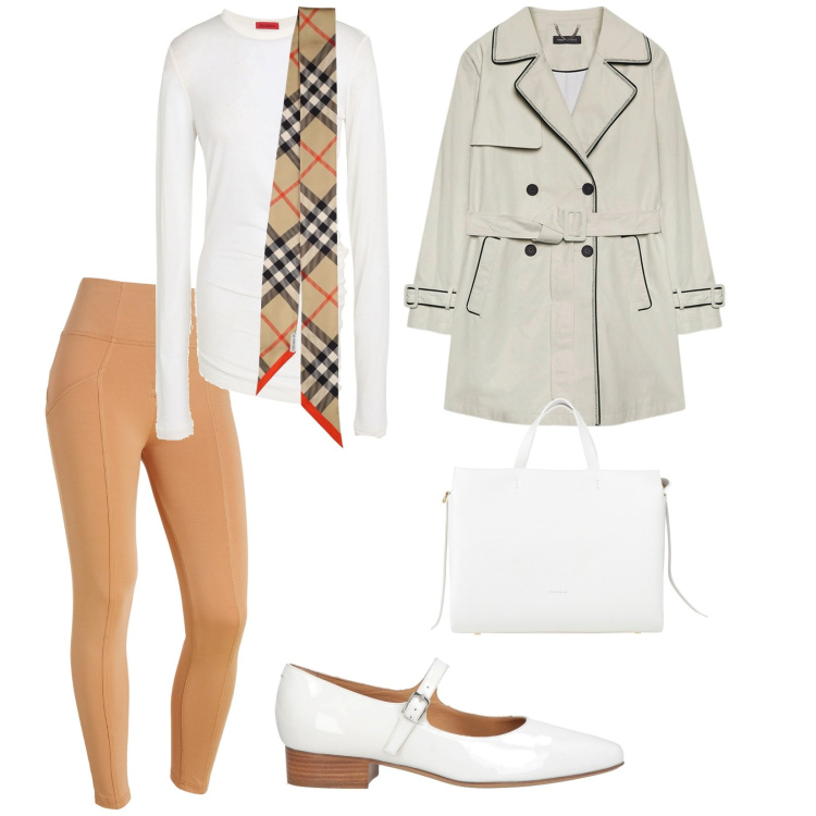 Outfit donna - Colori chiari. per Tutti i giorni. Abbinamento con t-shirt, borse a mano, ballerine, pantaloni skinny, trench, foulard.