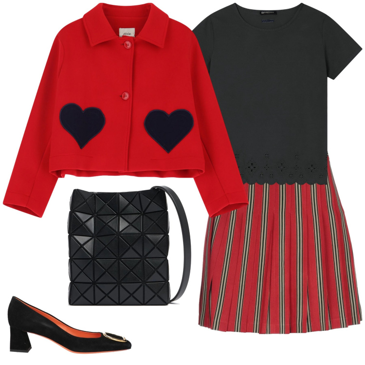 Outfit donna - Regina di cuori. Stile Bon Ton per Tutti i giorni. Abbinamento con minigonne, décolleté, t-shirt, blazer, borse a spalla.