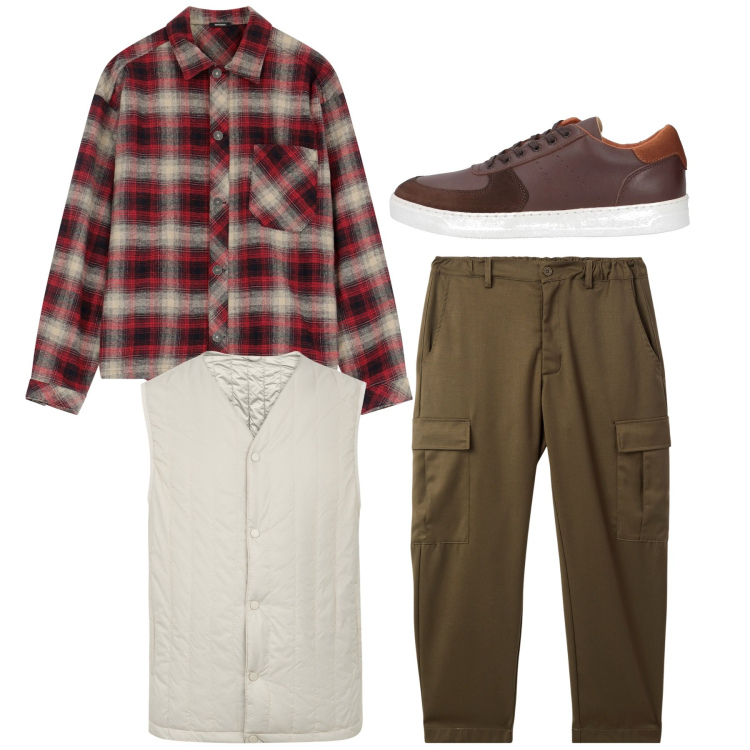 Outfit uomo - Smanicato. Stile Casual per Tutti i giorni. Abbinamento con sneakers, pantaloni cargo, camicie, piumini.