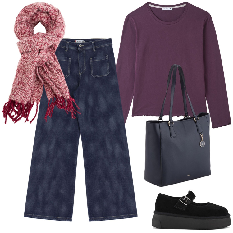 Outfit donna - Mi aspettano degli amici per cena. Stile Trendy per Tutti i giorni. Abbinamento con jeans bootcut, t-shirt, décolleté, sciarpe, shopping bag.