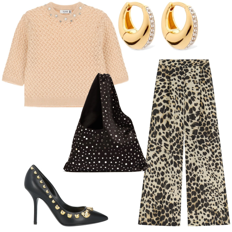 Outfit donna - Insolito brillio. Stile Trendy per Serata fuori. Abbinamento con décolleté, maglieria, pantaloni a palazzo, borse a spalla, orecchini.