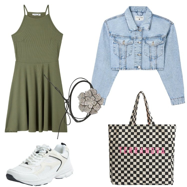 Outfit donna - Trendy con terranova. Stile Romantica per Tutti i giorni. Abbinamento con collane, blazer, vestiti corti, sneakers, shopping bag.