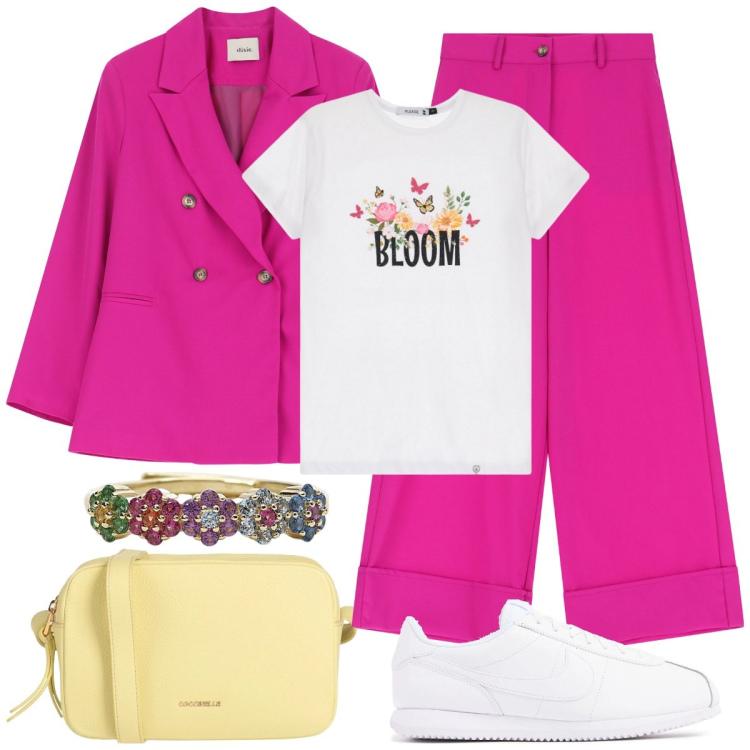 Outfit donna - Colourful. Stile Casual chic per Tutti i giorni. Abbinamento con borse a tracolla, pantaloni a palazzo, blazer, anelli, t-shirt, sneakers.