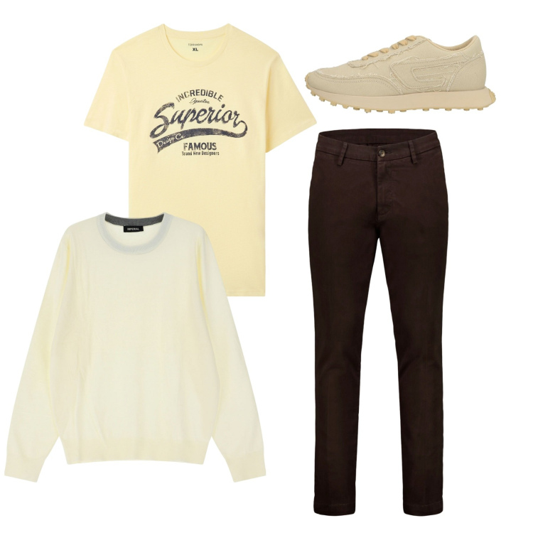 Outfit uomo - Marzolino. Stile Casual per Tutti i giorni. Abbinamento con sneakers, t-shirt, maglieria, pantaloni chino.