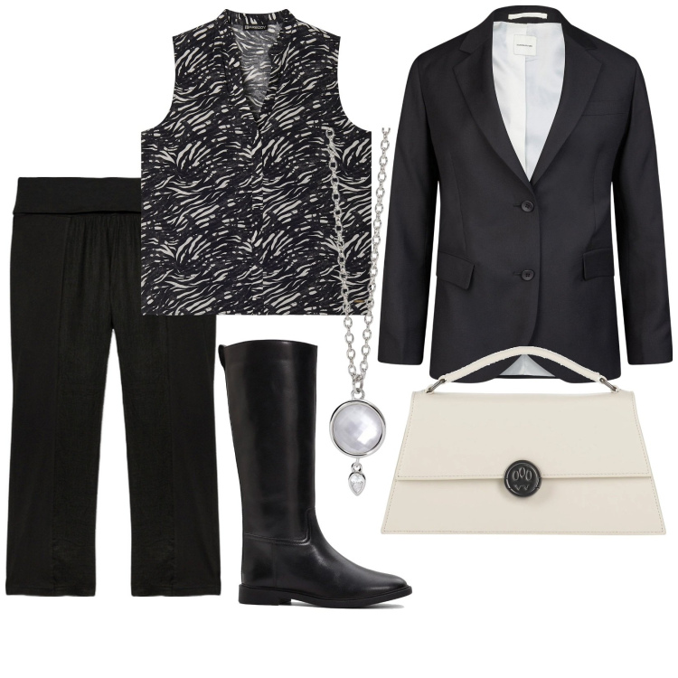 Outfit donna - Work style. Stile Bon Ton per Ufficio. Abbinamento con stivali, borse a mano, collane, bluse, pantaloni, blazer.