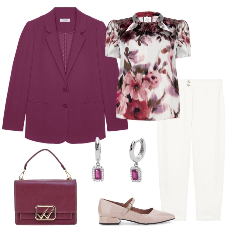 Outfit donna - Total look #2074222. Stile Romantica per Tutti i giorni. Abbinamento con orecchini, bluse, borse a tracolla, ballerine, pantaloni, blazer.