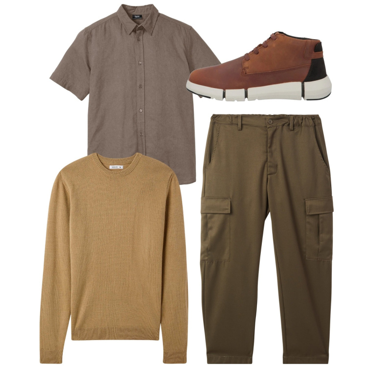 Outfit uomo - Pullover di primavera. Stile Casual per Tutti i giorni. Abbinamento con camicie a manica corta, sneakers alte, maglieria, pantaloni cargo.