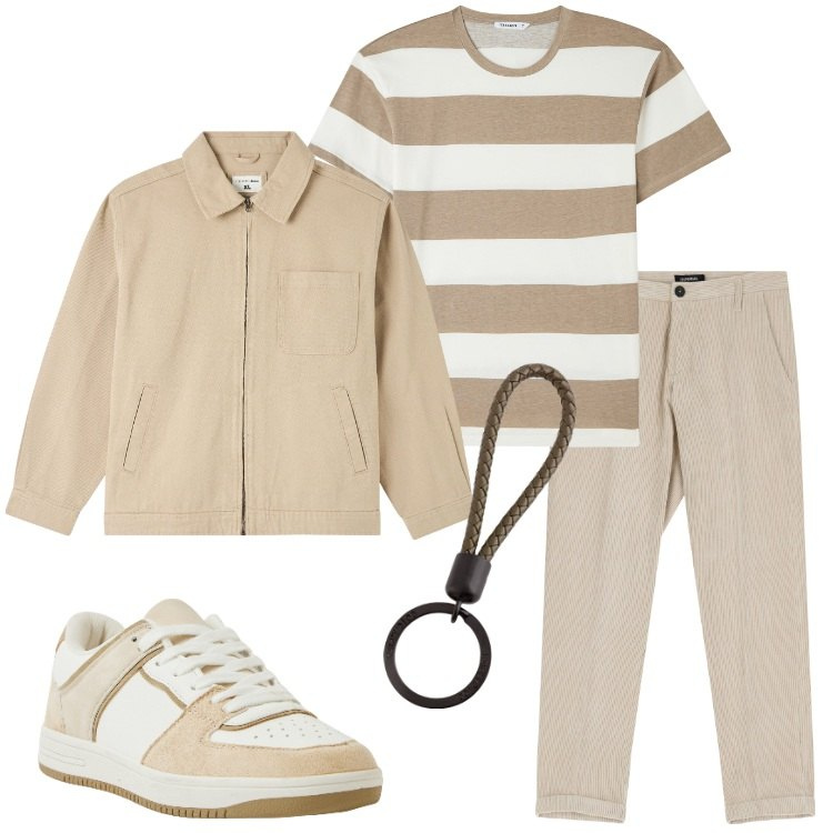 Outfit uomo - Righine e righe. Stile Casual per Tutti i giorni. Abbinamento con giacche, t-shirt, sneakers, pantaloni, portachiavi.