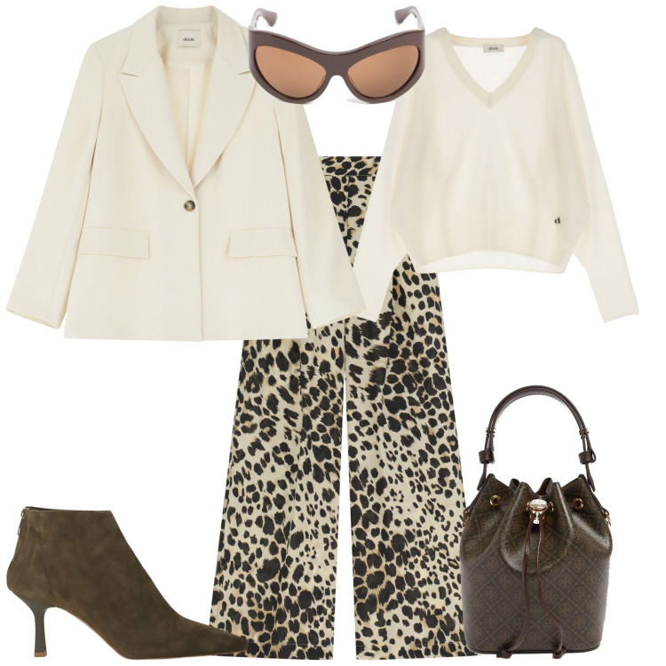 Outfit donna - Total look #2074238. Stile Glamour per Ufficio. Abbinamento con pantaloni a palazzo, pullovers, stivaletti, blazer, occhiali da sole, borse a secchiello.