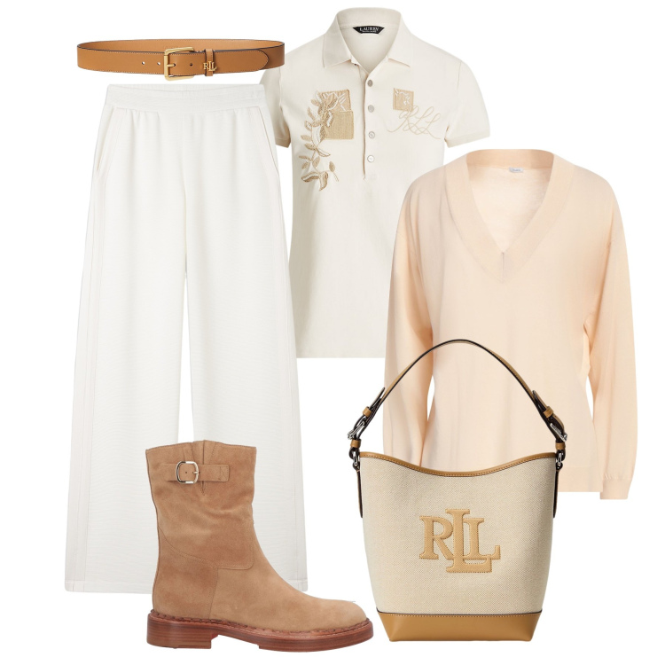 Outfit donna - Primavera delicata. Stile Casual chic per Tutti i giorni. Abbinamento con pullovers, stivaletti, pantaloni, polo, cinture, borse a secchiello.