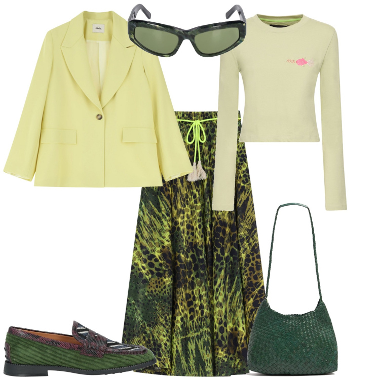 Outfit donna - Total look #2074251. Stile Sporty chic per Ufficio. Abbinamento con mocassini, blazer, gonne lunghe, borse a spalla, t-shirt, occhiali da sole.