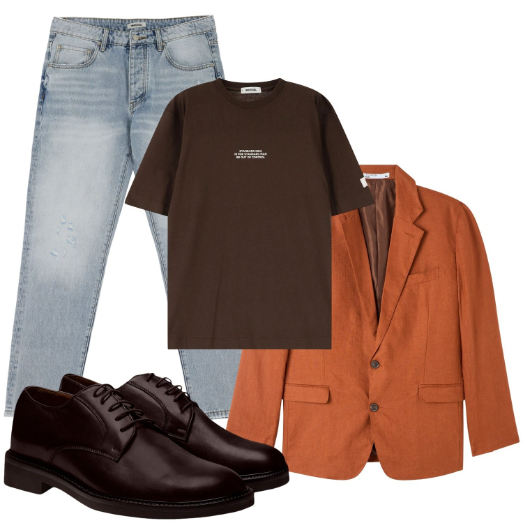 Outfit uomo - Total look #2074253. Stile Trendy per Ufficio. Abbinamento con giacche, jeans strappati, t-shirt, scarpe stringate.