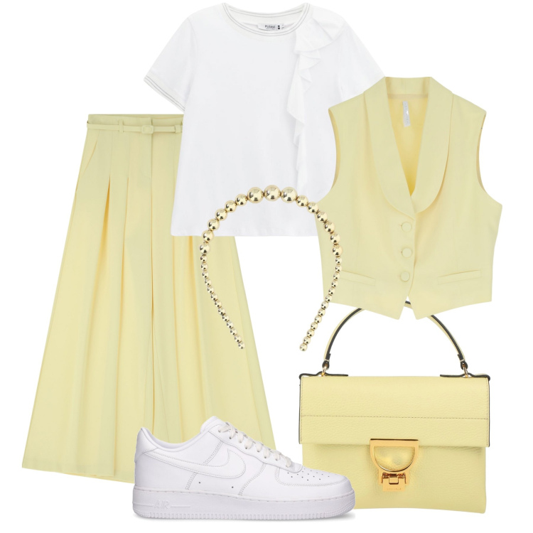 Outfit donna - Fresca primavera in ufficio- @nike75. Stile Casual chic per Ufficio. Abbinamento con borse a mano, t-shirt, pantaloni, gilet, cerchietti, sneakers.