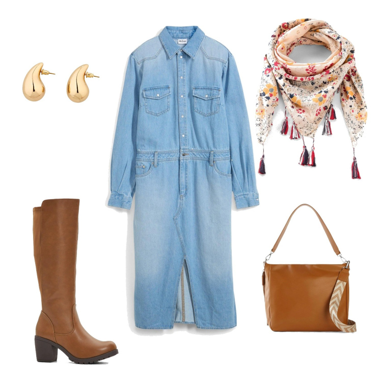 Outfit donna - Vestita in jeans. Stile Casual per Tutti i giorni. Abbinamento con stivali, vestiti, shopping bag, foulard, orecchini.