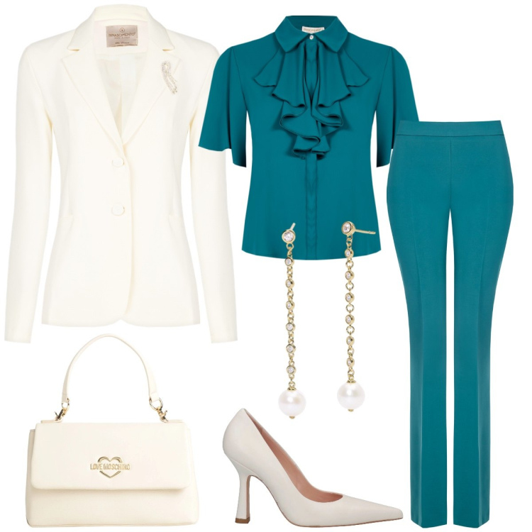 Outfit donna - Total look #2074269. Stile Romantica per Cerimonia. Abbinamento con décolleté, borse a mano, orecchini, bluse, pantaloni, blazer.