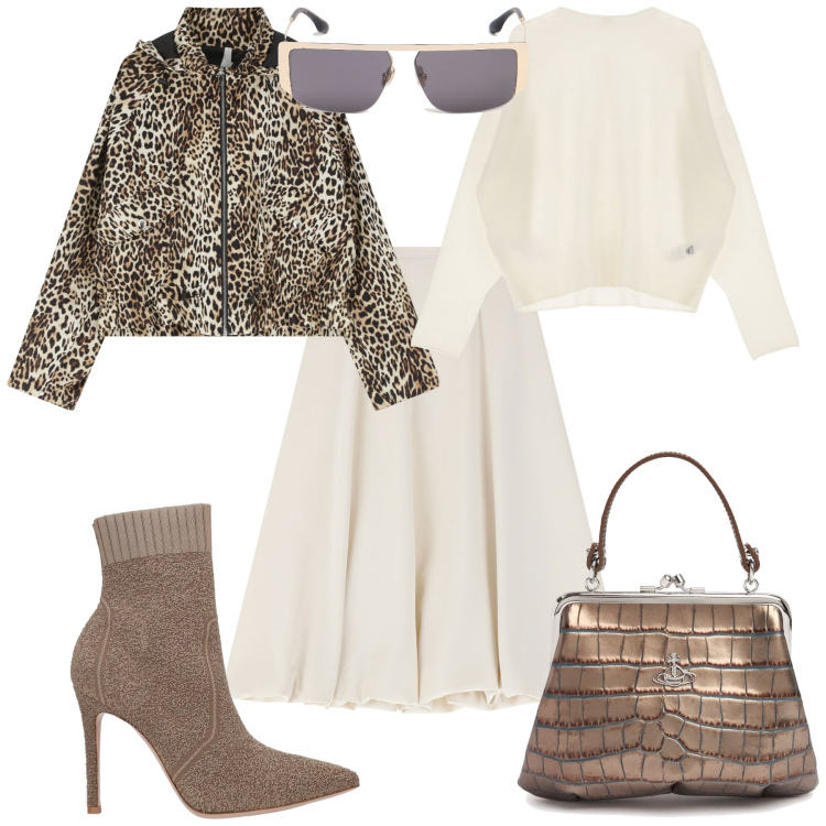 Outfit donna - Evento glamour. Stile Bon Ton per Tutti i giorni. Abbinamento con stivaletti, gonne longuette, parka, pullovers, borse a mano, occhiali da sole.