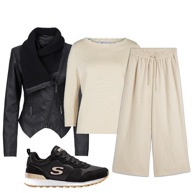 Outfit donna - Color panna... Stile Minimal per Tutti i giorni. Abbinamento con blazer, pantaloni a palazzo, sneakers, maglieria.